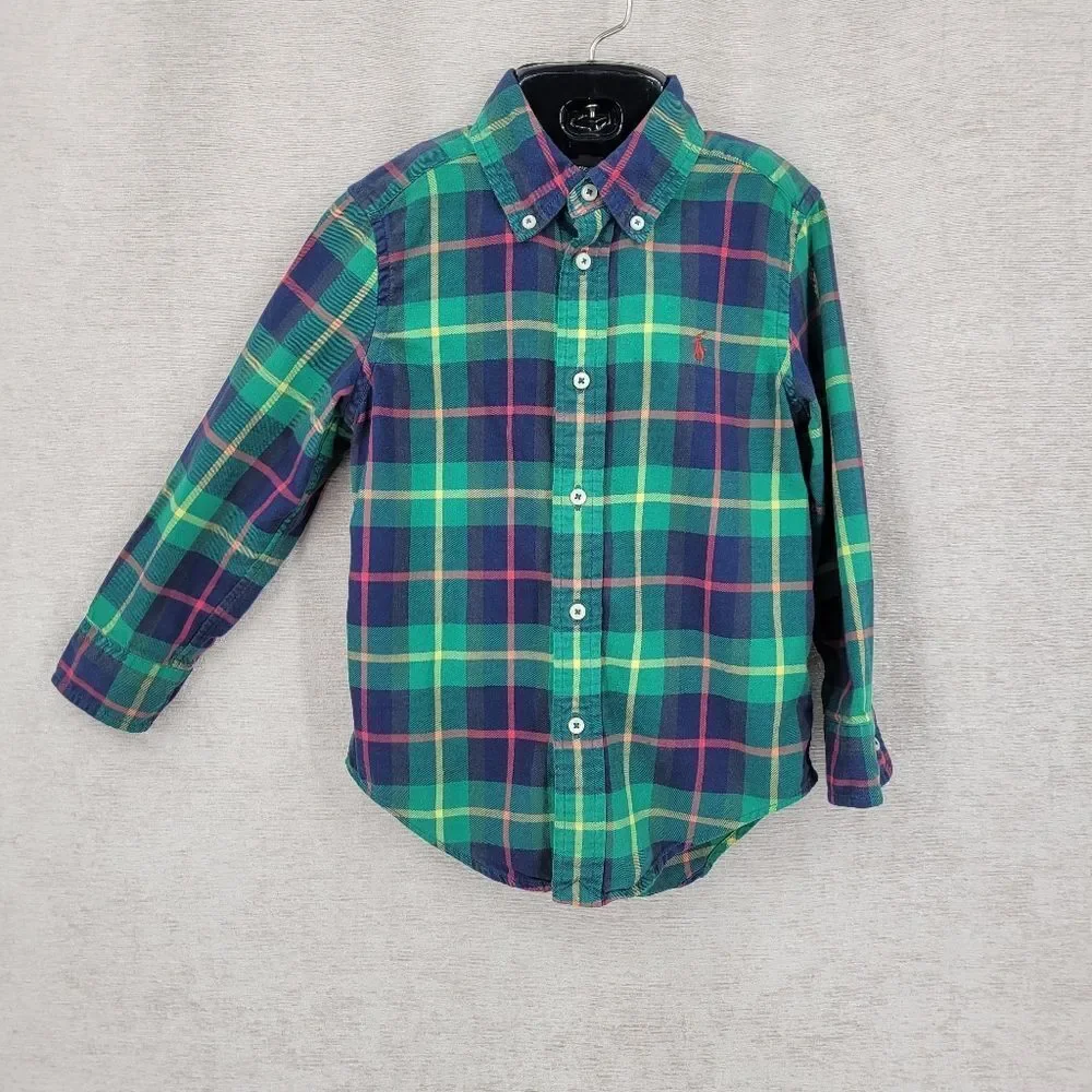 Ralph Lauren Boys Green and Navy Plaid Button-Down Shirt Long Sleeves